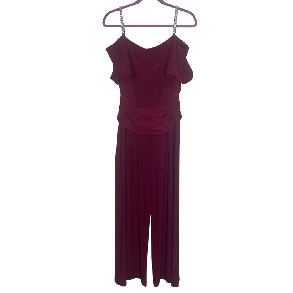 R&M Richards Jumpsuit Size M Burgundy Rhinestone Ruffle
